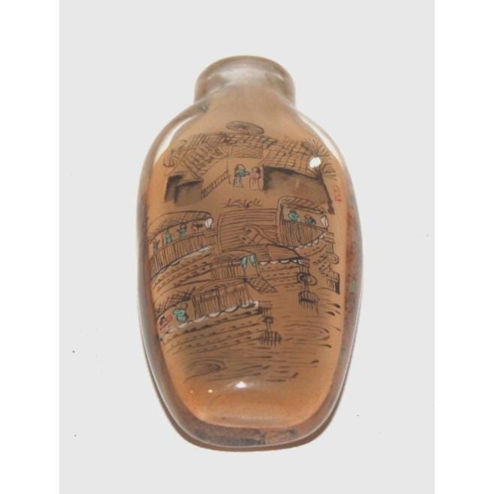 vintage 3" hand reverse painted glass snuff bottle village scene no stopper